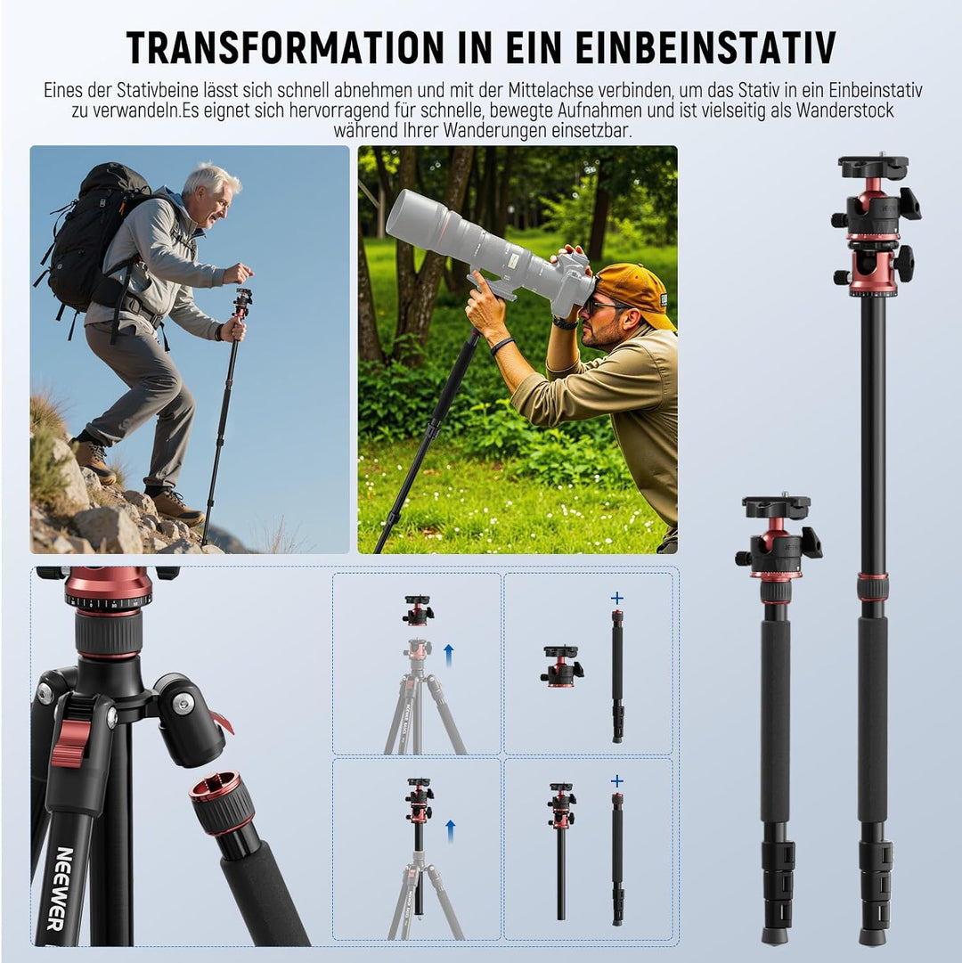 NEEWER Basics 70,9" Kamera Stativ Einbeinstativ mit Mittelsäule und Kugelkopf, Schnellwechselhalteru