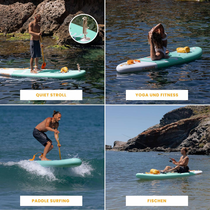HUIIKE Stand Up Paddling Board mit Zubehör, Paddel, Finnen, Leash, Pumpe, Rucksack. SUP-Board Aufbla