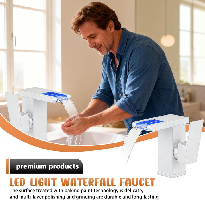 LED Lichter Bad Wasserhahn Verchromt, Wasserfall Armatur, 3 Farbe Waschbeckenarmatur, Warm- und Kalt