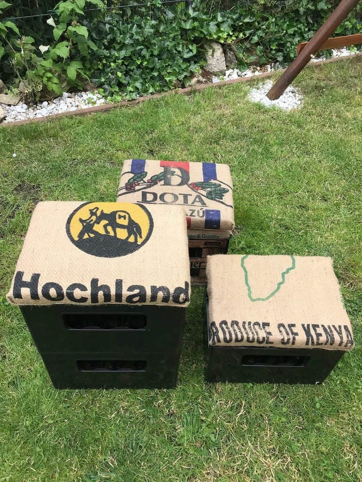 gepolsterter Bierkastensitz, Hocker, Sitzauflage für Getränkekisten mit echtem originalen Kaffeesack