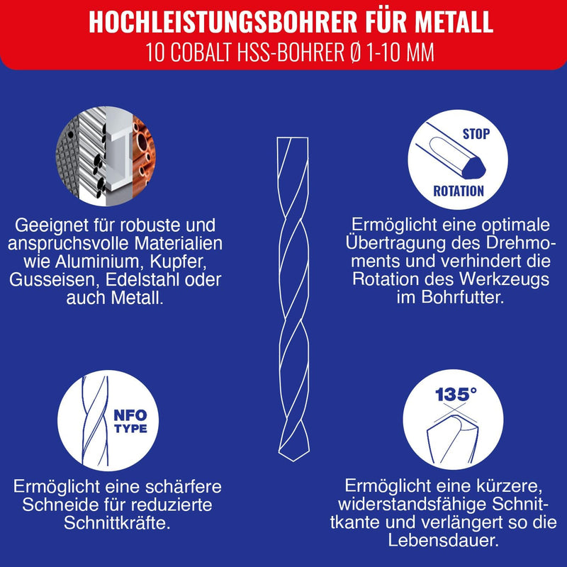 Tivoly 11468570001 Technic Metall Kobalt Bohrer-10pcs Set, Ø 1, 2, 3, 4, 5, 6, 7, 8, 9, 10mm, bronze