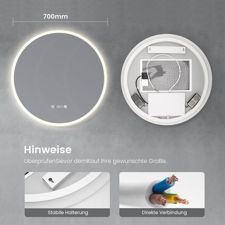 Heilmetz Badspiegel mit Beleuchtung Rund 70cm, LED Badezimmerspiegel mit Uhr, Antibeschlag, Touch, 4