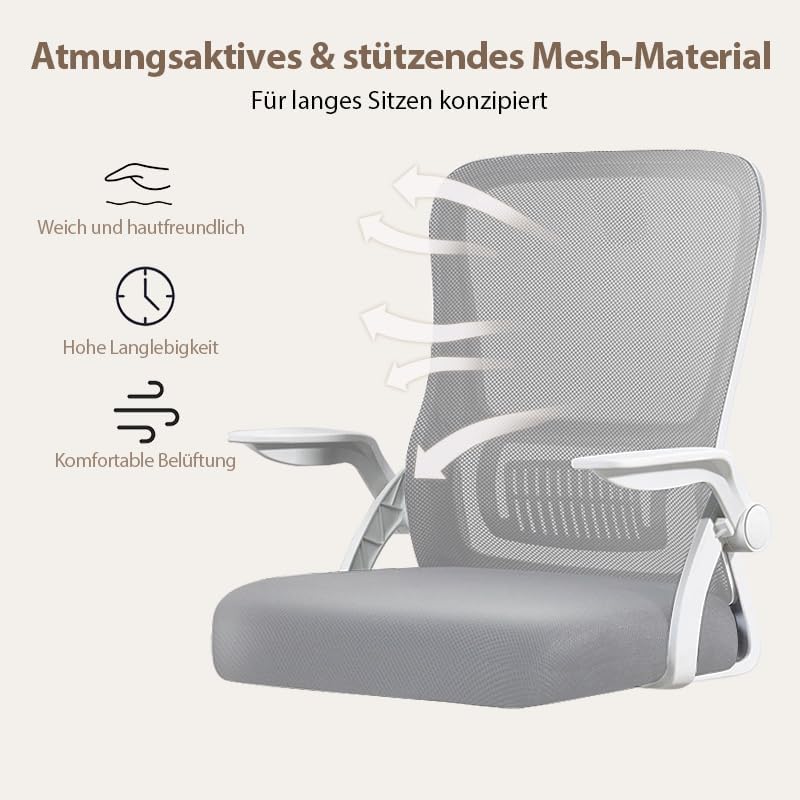 Bürostuhl,Ergonomischer Drehstuhl mit Atmungsaktiver Mesh-Rückenlehne,Hochklappbaren Armlehnen und L
