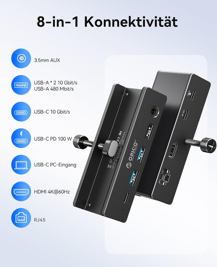ORICO Clip Docking Station, 8-in-1 USB-C Hub Klemme mit 4K@60Hz HDMI, 100W PD, Gigabit-Ethernet, 4xU