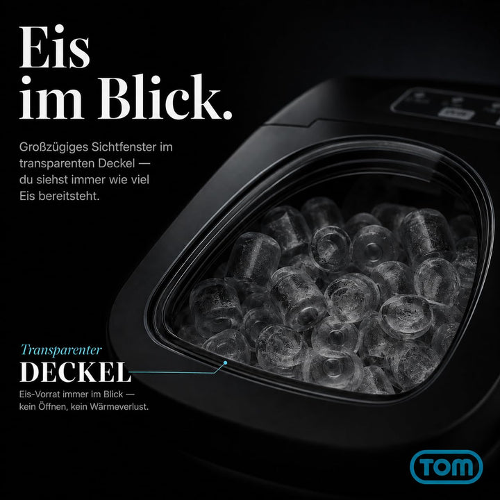 TOM Eiswürfelmaschine – 9 Eiswürfel in 6-8 min – 12 kg/24 h – 2 Würfelgrössen – Ice maker Eiswürfelm