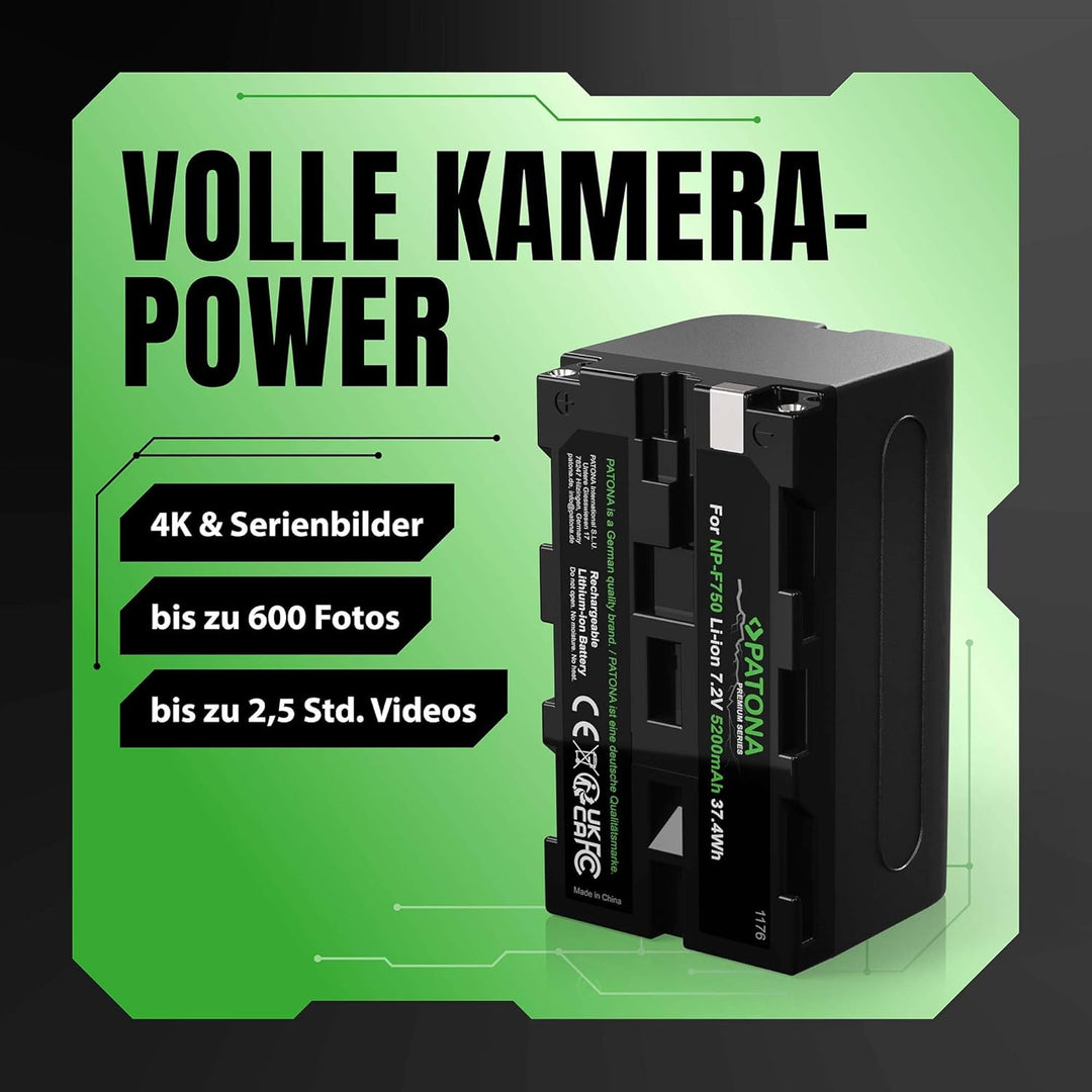 PATONA 2X Premium NP-F750 Akku 5200mAh Ersatzakku kompatibel mit Sony Camcorder, LED Indikatoren Bel