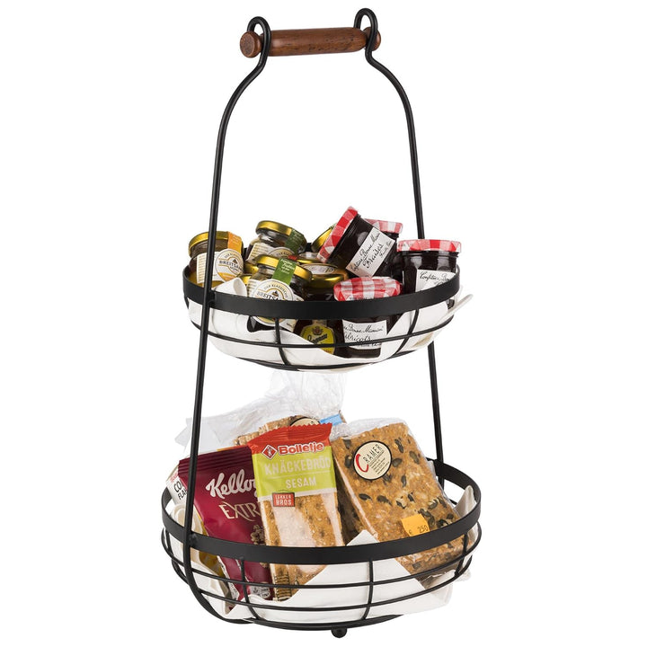 APS Serviergestell mit Zwei Körben und Holzgriff - 2-stufige Etagere aus Metall, Schwarz, Höhe 48 cm