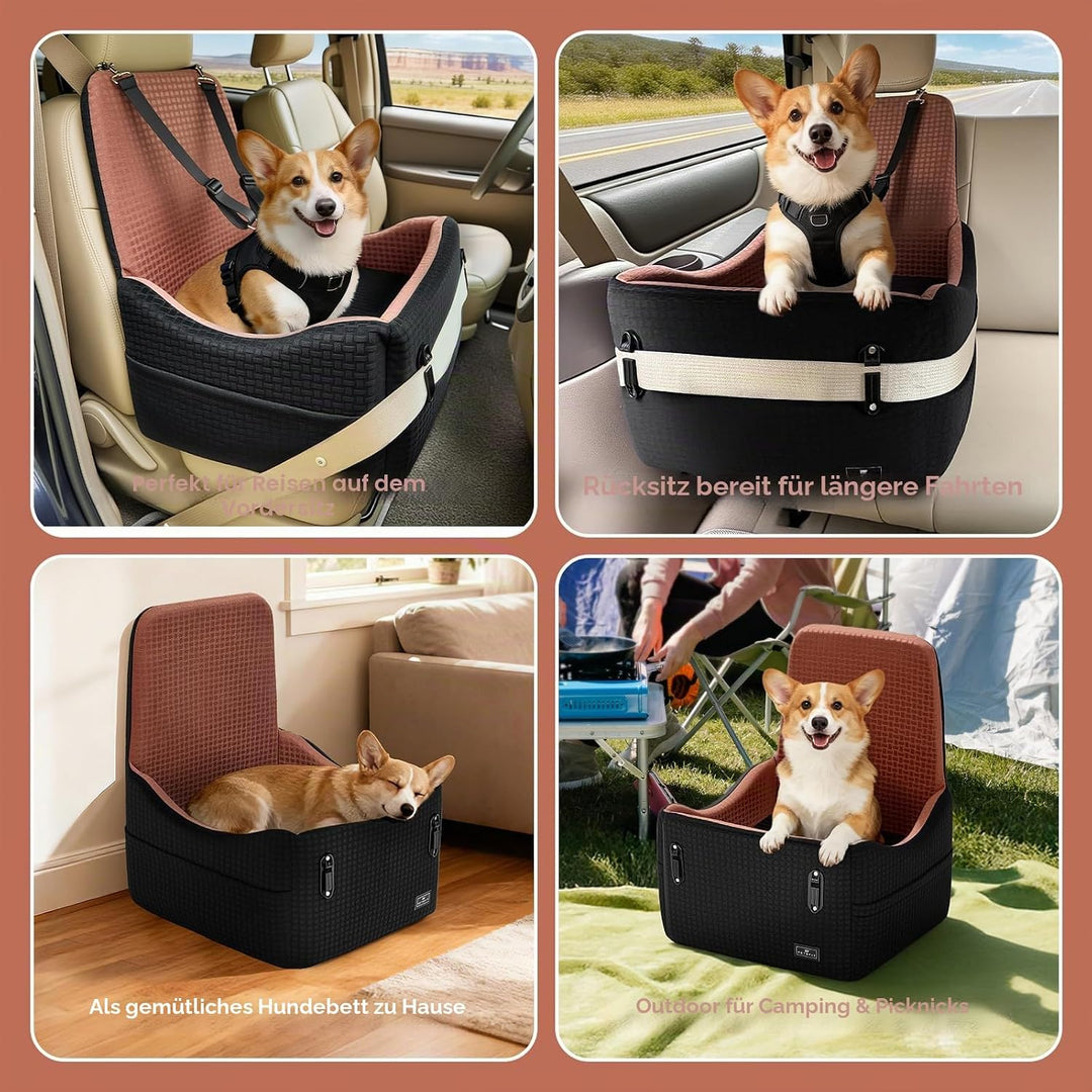 PETSFIT Autositz für kleine/mittelgrosse Hunde bis 15 kg – Patentiertes Sicherheitssystem, 15cm Erhö