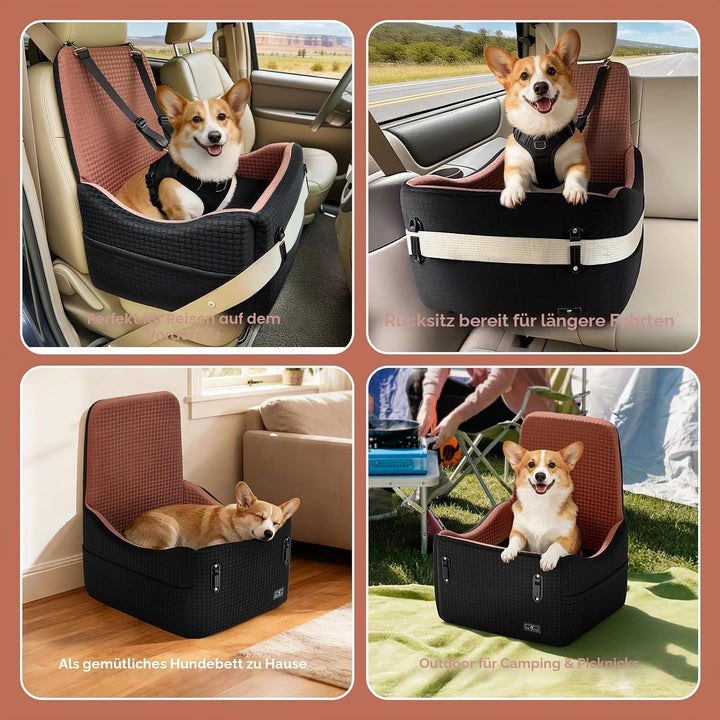 PETSFIT Autositz für kleine/mittelgrosse Hunde bis 15 kg – Patentiertes Sicherheitssystem, 15cm Erhö