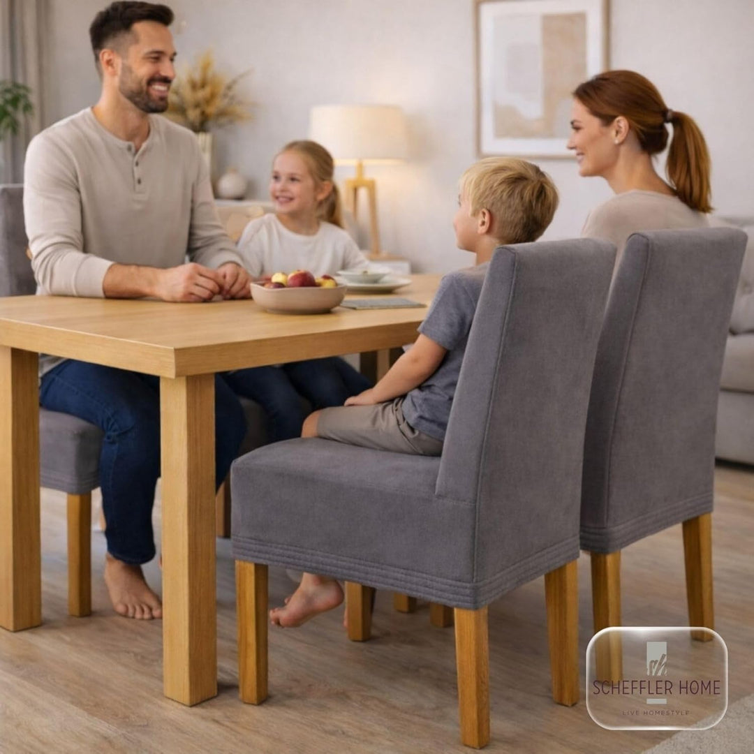 SCHEFFLER-Home Stuhlhussen 6er Set Leon Grau/elastische Wildleder Hussen für Stühle/Robustes Freisch