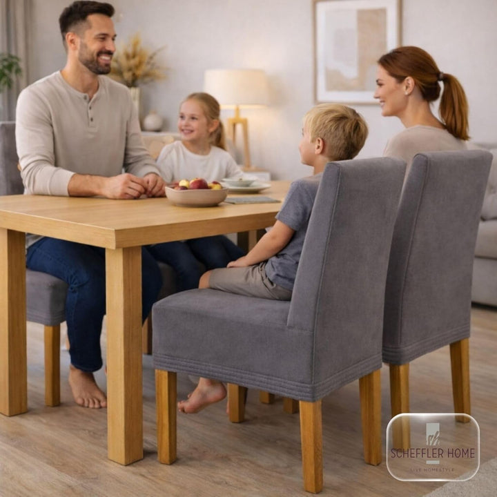 SCHEFFLER-Home Stuhlhussen 6er Set Leon Grau/elastische Wildleder Hussen für Stühle/Robustes Freisch