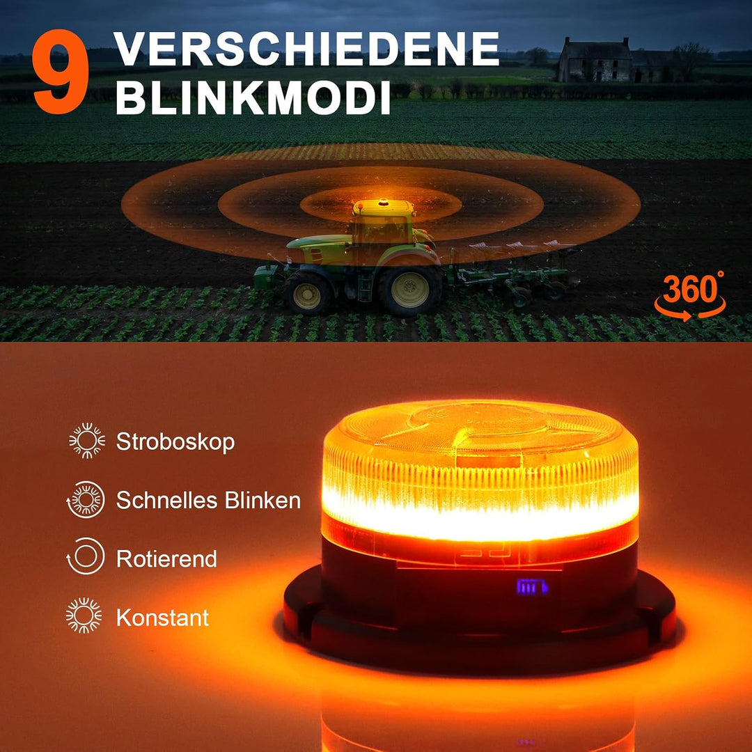 AnTom Rundumleuchte Akku mit Akkustandanzeige 9 Blitzmuster LED Rundumleuchte 12V Magnet Warnleuchte