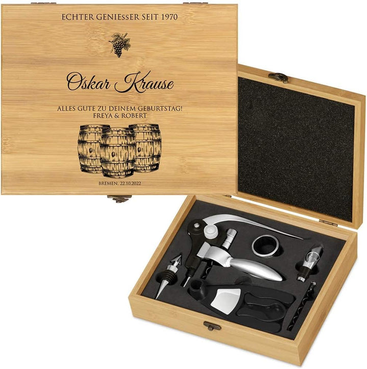 Maverton Weinöffner-Set personalisiert Weinset Sommelier Set - Geschenkbox Holzbox + 6er Weinzubehör