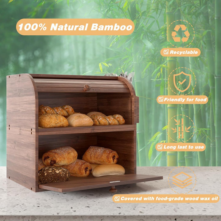 TQVAI Brotkasten Holz, Bambus Brotbehälter mit 2 Etagen Brotaufbewahrung, Bread Box mit Rolldeckel m