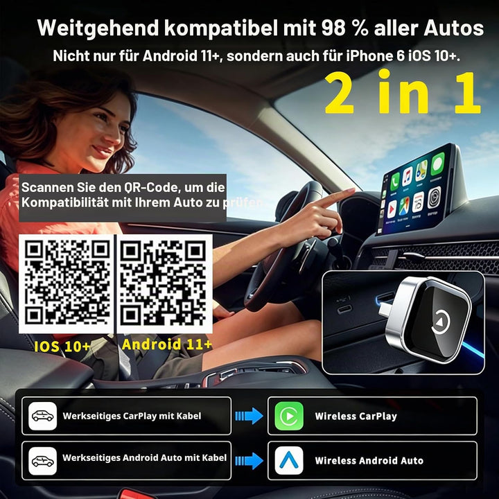 Versteckt Car Play Wireless Adapter für Apple CarPlay &amp; Android Auto, Plug &amp; Play, Bluetooth 5.3, St
