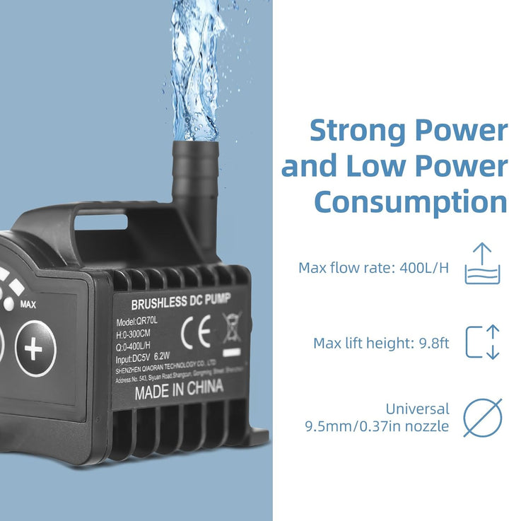 Elektrische Wasserpumpe, QR70L 5V 6.2W 0-400L/H Mikro Tauchwasserpumpe, 8 Stufen Einstellbar Drehzah