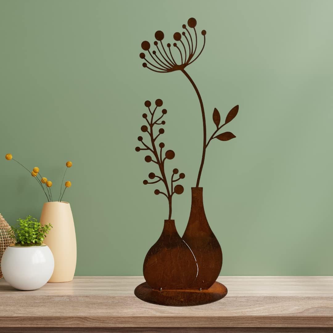 Terma Stahldesign Rost Figur Blume in Vase 50cm Pusteblume Gartendeko für draussen und drinnen Garte