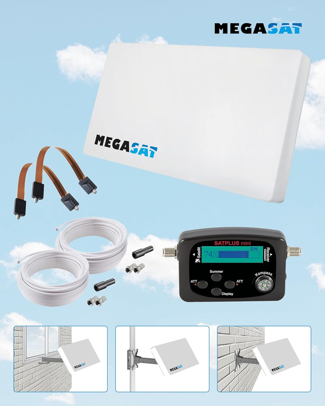 Megasat Flachantennen Set – D2 Profi-Line (2 Teilnehmer, inkl. 2 × 10 m Kabel, Satfinder, 2 × Fenste