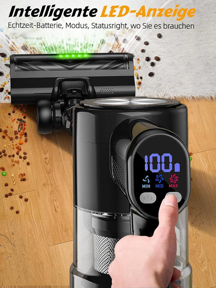Akku Staubsauger 48KPa/500W/55Mins, Staubsauger Kabellos mit Wandmontierte Ladestation, Selbststehen