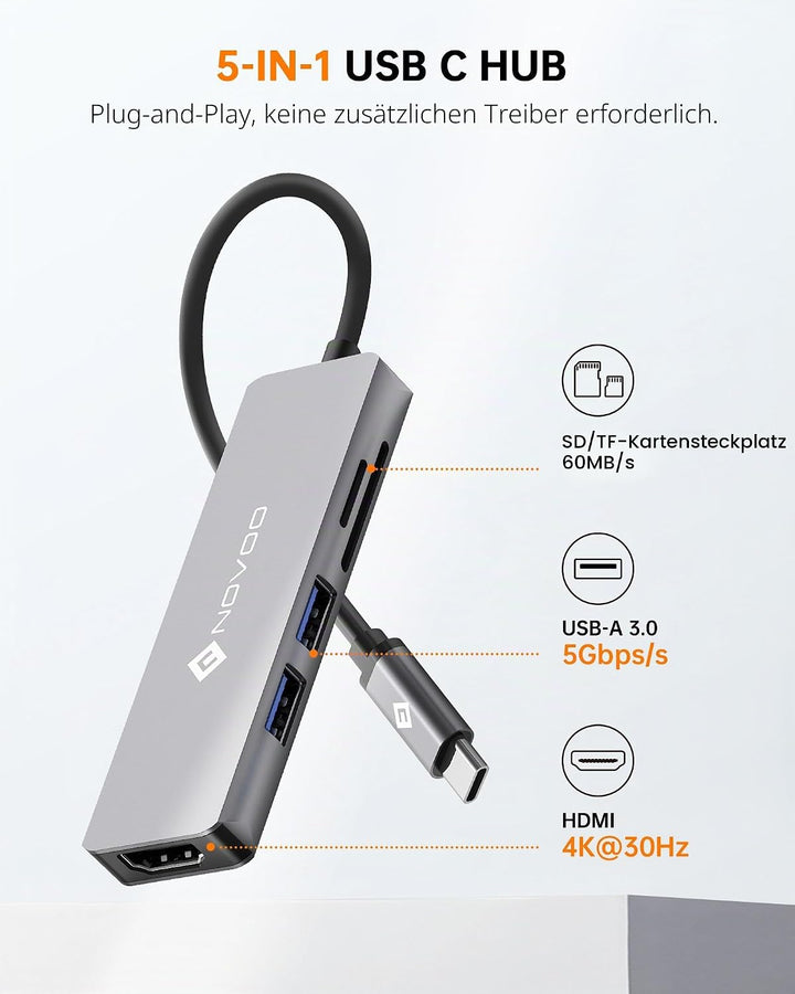 NOVOO 5-in-1 USB-C-Hub mit 4K HDMI-Adapter, 2 USB 3.0-Anschlüsse, SD/TF-Kartenleser, USB-C-Multiport