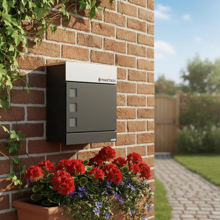 Zelsius Briefkasten Jordan mit Paketfach | pulverbeschichteter Stahl mit Edelstahl Elementen | RAL70