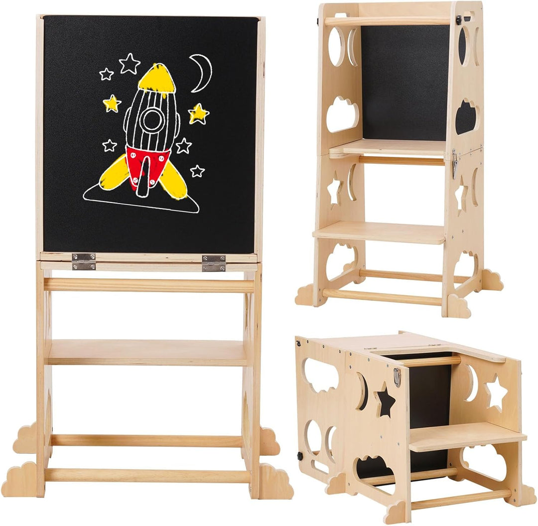 Montessori Lernturm für Kinder, 3 in 1 Learning Tower für Kinder Lernturm Klappbar Tritthocker mit T