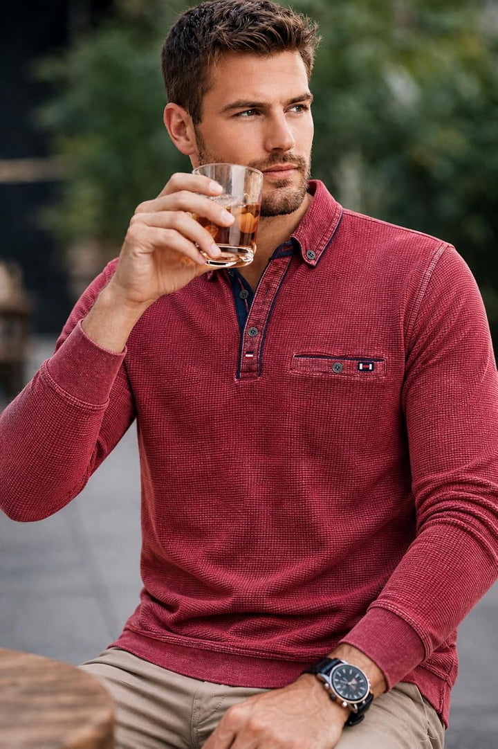 Soltice Herren Langarm Poloshirt, Kariert Kragen Polohemd mit Brusttasche, Blousonshirt aus Baumwoll
