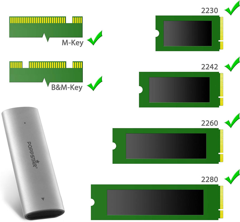 Poppstar M.2 NVMe SSD Gehäuse PCIe (USB-C, M-Key und B&M-Key / Modellgrösse 2230 / 2242 / 2260 / 228