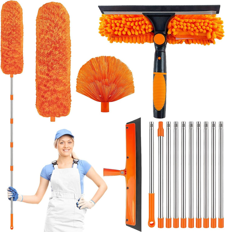 GAESHOW 4M Fensterputzer Set, 4 in 1 Teleskop Fensterwischer mit Abzieher, Staubwedel, Spinnenabzieh