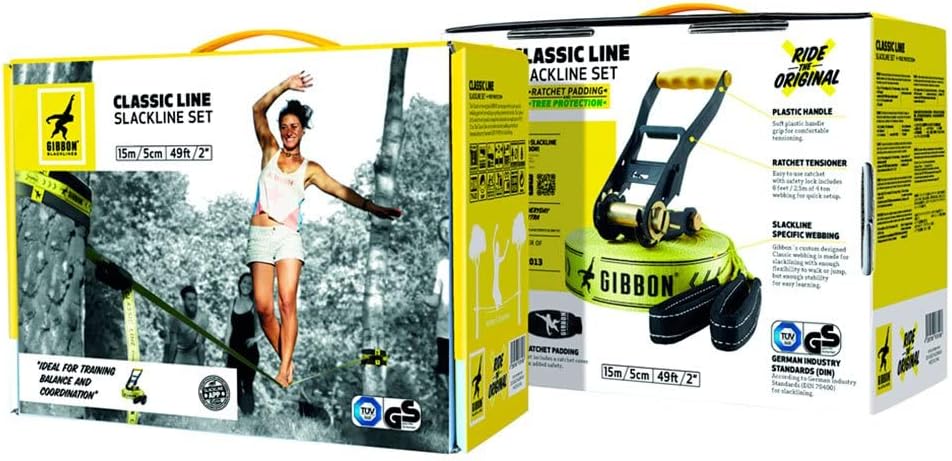 Gibbon Slacklines Classic Line, Gelb, 15 Meter (12,5m Band + 2,5m Ratschenband), inkl. Ratschenschut