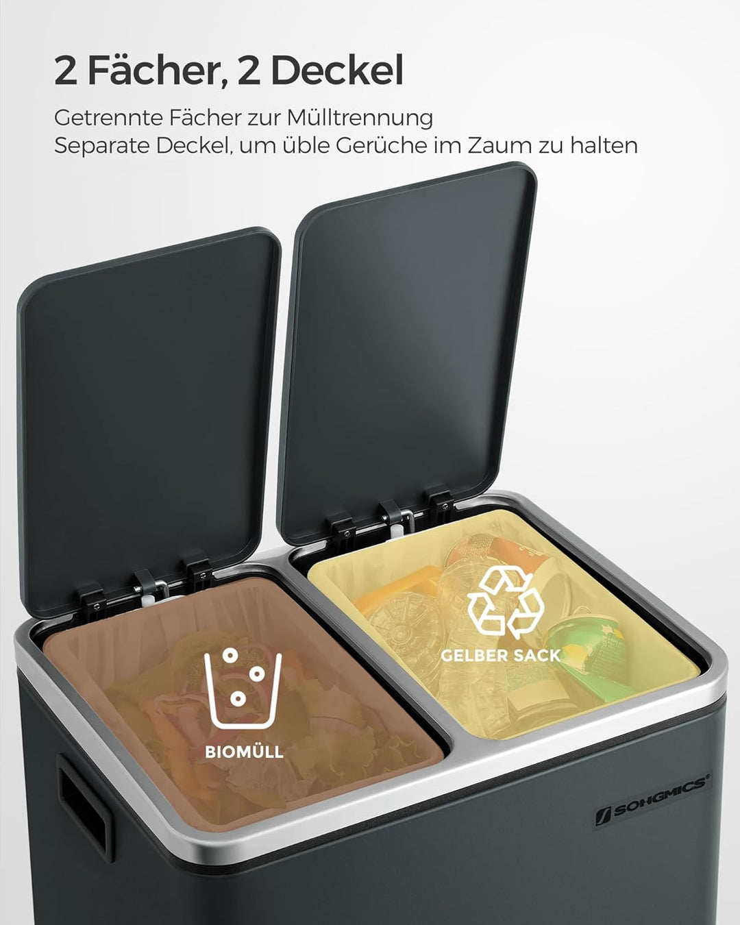 SONGMICS Mülleimer Küche, 2 x 15 L, Mülltrennsystem, Abfalleimer aus Metall, Treteimer mit Inneneime