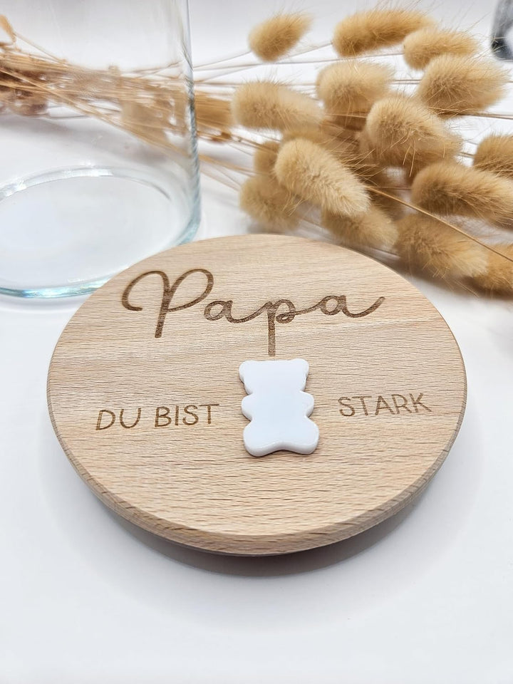 Generisch Personalisiertes Vorratsglas mit Holzdeckel, Papa Du Bist Stark Gravur, 530ml, mit 3D Acry