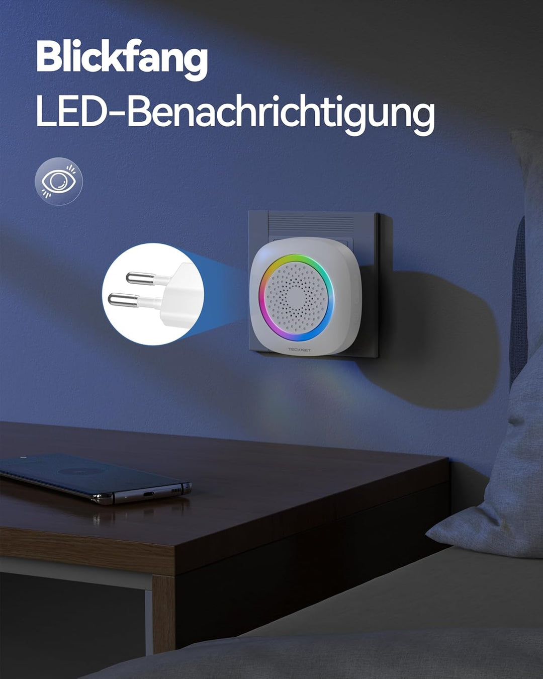 TECKNET Funkklingel, 400M Funk Reichweite Türklingel Set mit RGB Licht, IP66 Aussen Wasserdicht Haus