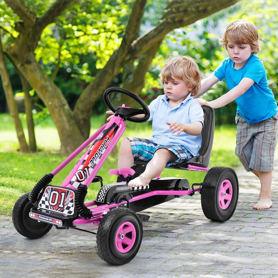 GOPLUS Gokart ab 3-8 Jahre, Kinderfahrzeug mit Verstellbarem Sitz, Tretauto aus Gummireifen, Flexibl