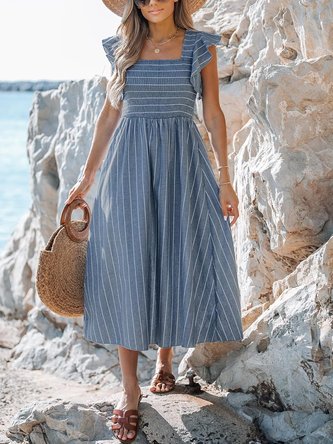 CUPSHE Damen Sommerkleid Quadratischer Ausschnitt Volantärmel Nadelstreifen A Linie Gesmoktes Maxikl