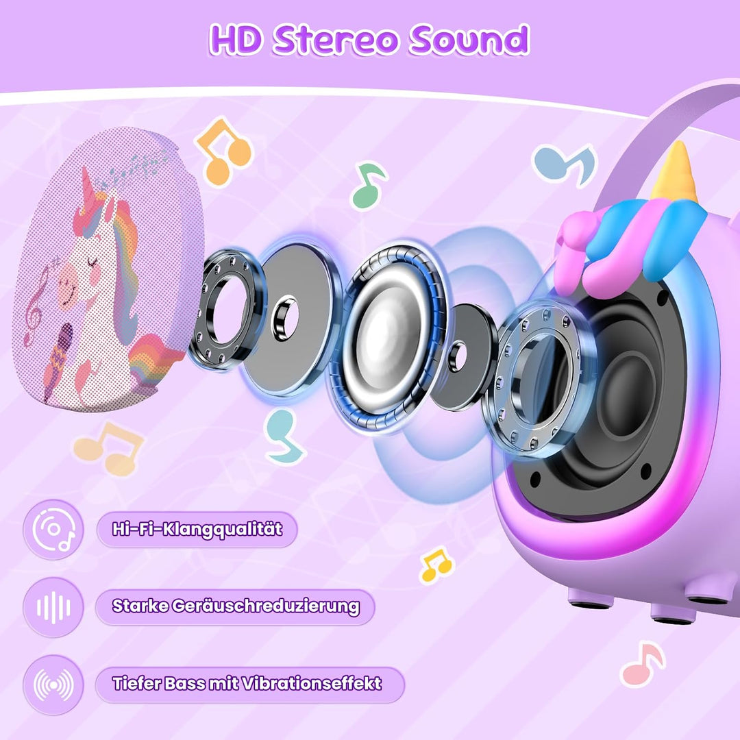 Kinder Karaoke Maschine mit 2 kabellosen Bluetooth Mikrofonen, Kompaktes Einhorn Musikspielzeug mit