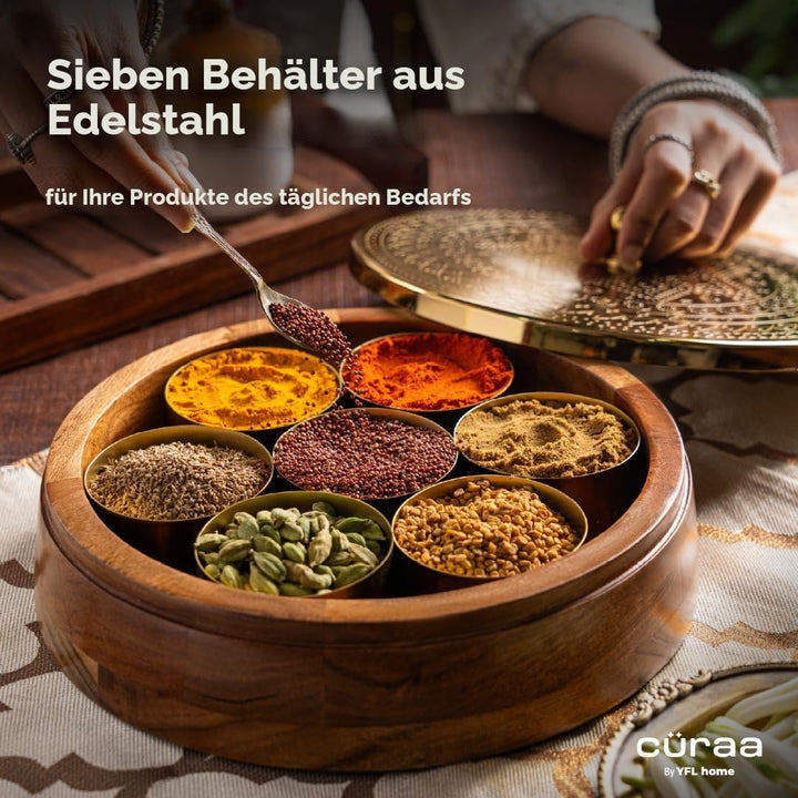 CÜRAA by YFL home Gewürzbox für Küche mit Löffel (Akazienholz, 7 abnehmbare Behälter, 120 ml) | Masa