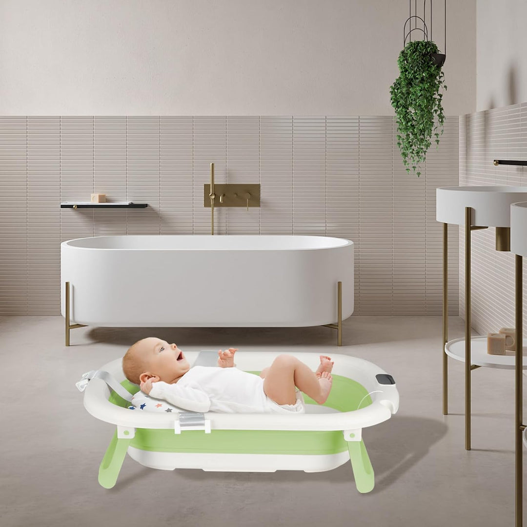Faltbare Babybadewanne mit Ablaufstopfen & Temperaturanzeige & Sitzkissen, ultra kompakt – rutschfes