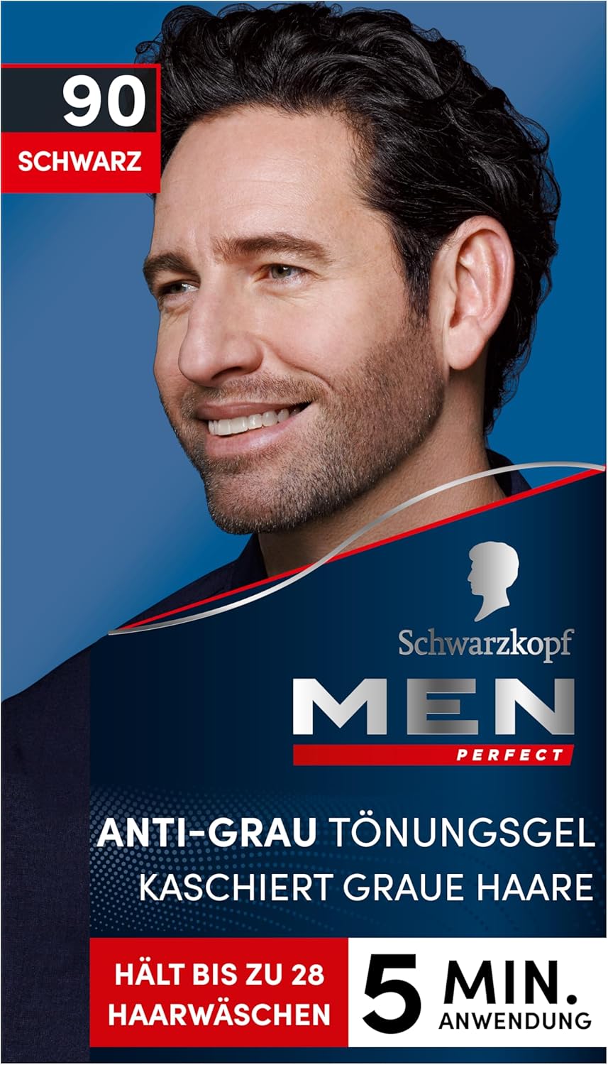 Schwarzkopf Men Perfect Anti-Grau Tönungs-Gel 90 Schwarz (80 ml), Haarfarbe für Männer blendet graue