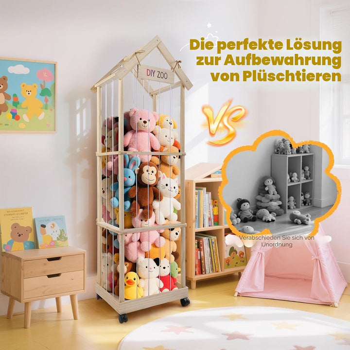 Kuscheltier Aufbewahrung 146x47x35CM, MINENICE Plüschtier Aufbewahrung aus Massivholz mit 360° Fests