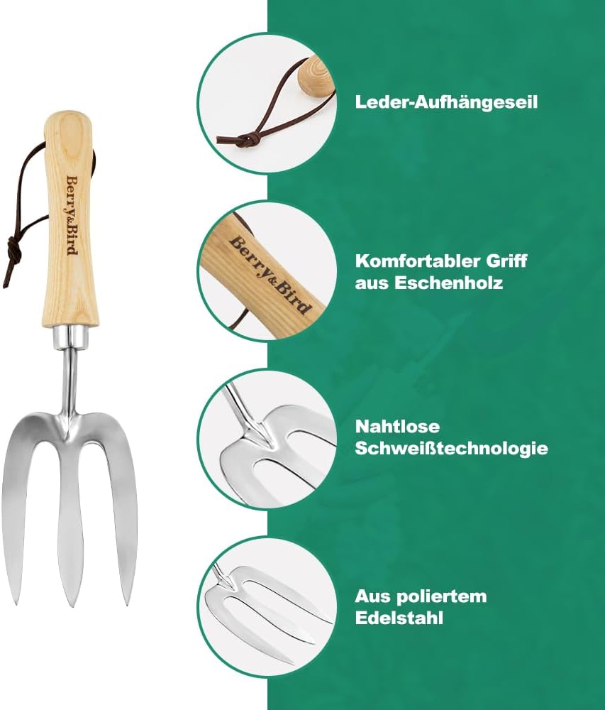 Berry&Bird Classic Blumengabel 30,7 cm - Grabegabel aus hochwertigem Edelstahl mit kurzem Holzgriff,
