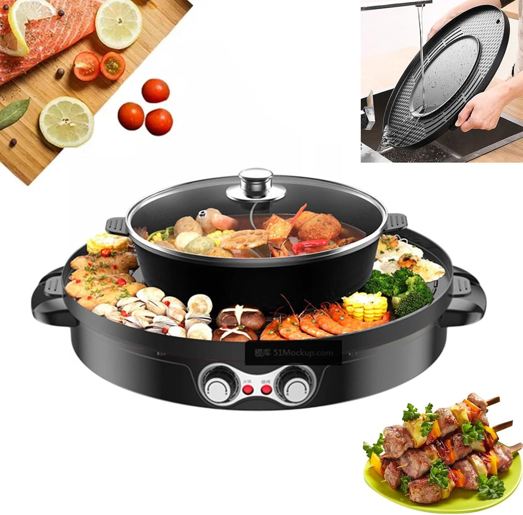 2200W Hot Pot BBQ mit Grill, 2 In 1 Grill Elektrischer Hot Pot, Rauchfreier Geteilter Shabu-Grilltop