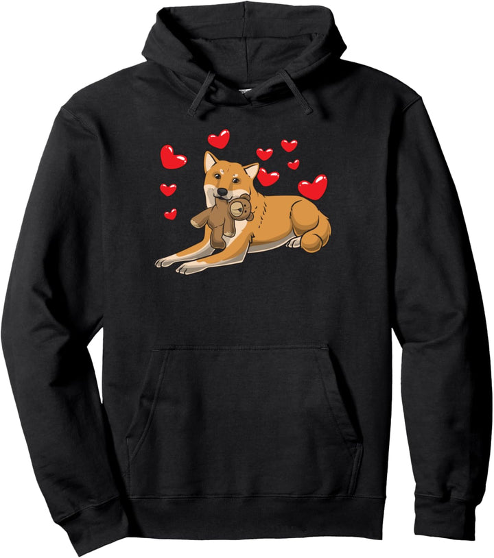 Shiba Inu Hund mit Plüschtier und vielen Herzen Pullover Hoodie