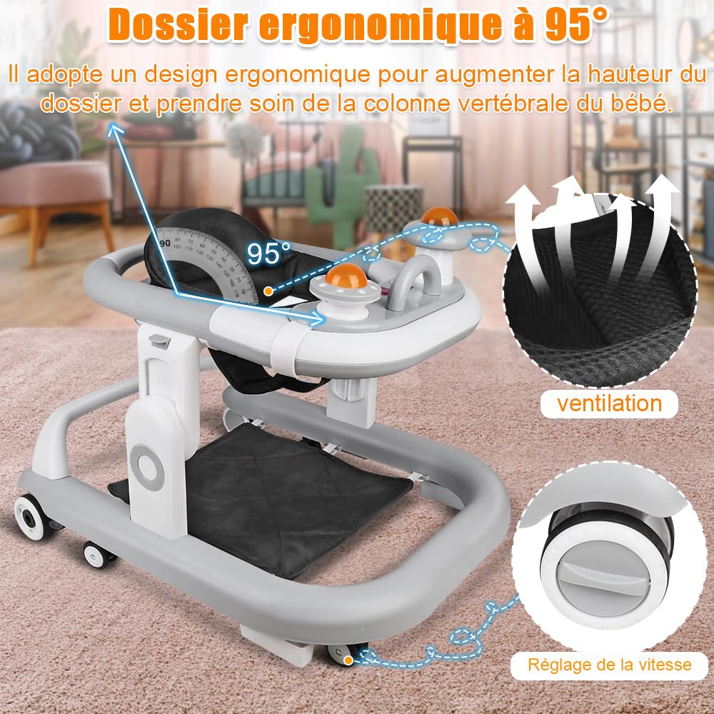 OHMG Babywalker Lauflernwagen, 5 in 1, Lauflernwagen, Wippfunktion, Babywippe mit Rollen, Licht, Mus