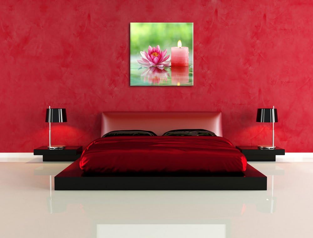 Kleine Seerose neben Kerze, Format: 70x70 auf Leinwand, XXL riesige Bilder fertig gerahmt mit Keilra