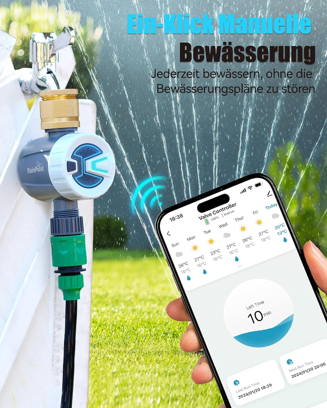 RAINPOINT Bewässerungscomputer Bluetooth mit Messing-Einlass, Smart App-Steuerung Automatische Bewäs
