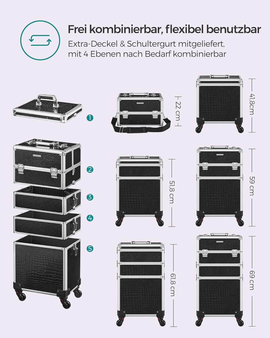SONGMICS Alu Trolley, Kosmetikkoffer mit Rollen, Friseurkoffer, Schminkkoffer ohne Inhalt, Handgepäc