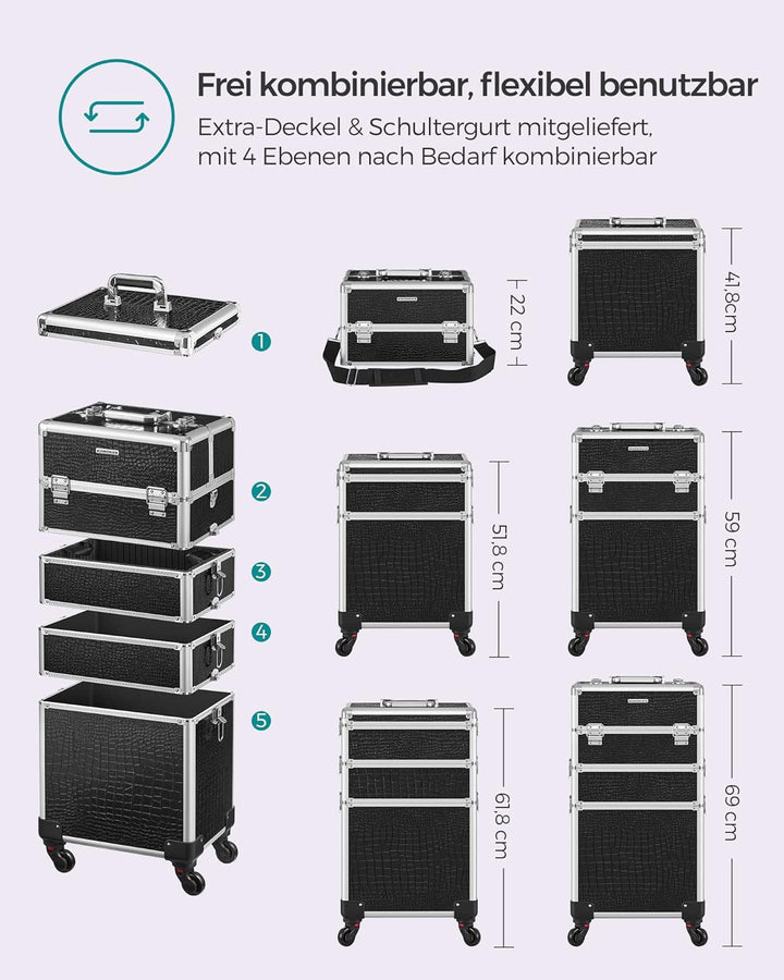 SONGMICS Alu Trolley, Kosmetikkoffer mit Rollen, Friseurkoffer, Schminkkoffer ohne Inhalt, Handgepäc