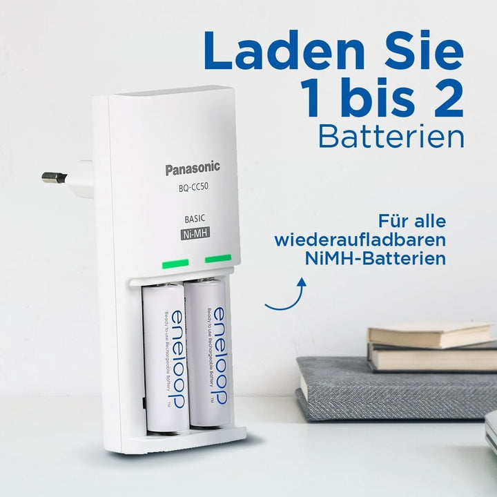 Panasonic eneloop Compact Ladegerät für 1–2 AA/AAA NI-MH-Akkus, mit 2 LED-Anzeigen und 6 Sicherheits