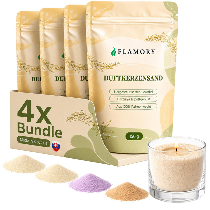 Kerzensand mit Duft Wellness Set 4x150g – [Vanille/Kokos/Lavendel/Sandelholz] – 12 Dochte inklusive